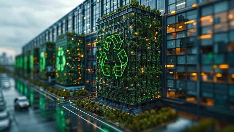 Modern corporate building with green recycling symbol representing sustainable electronics recycling and environmental responsibility